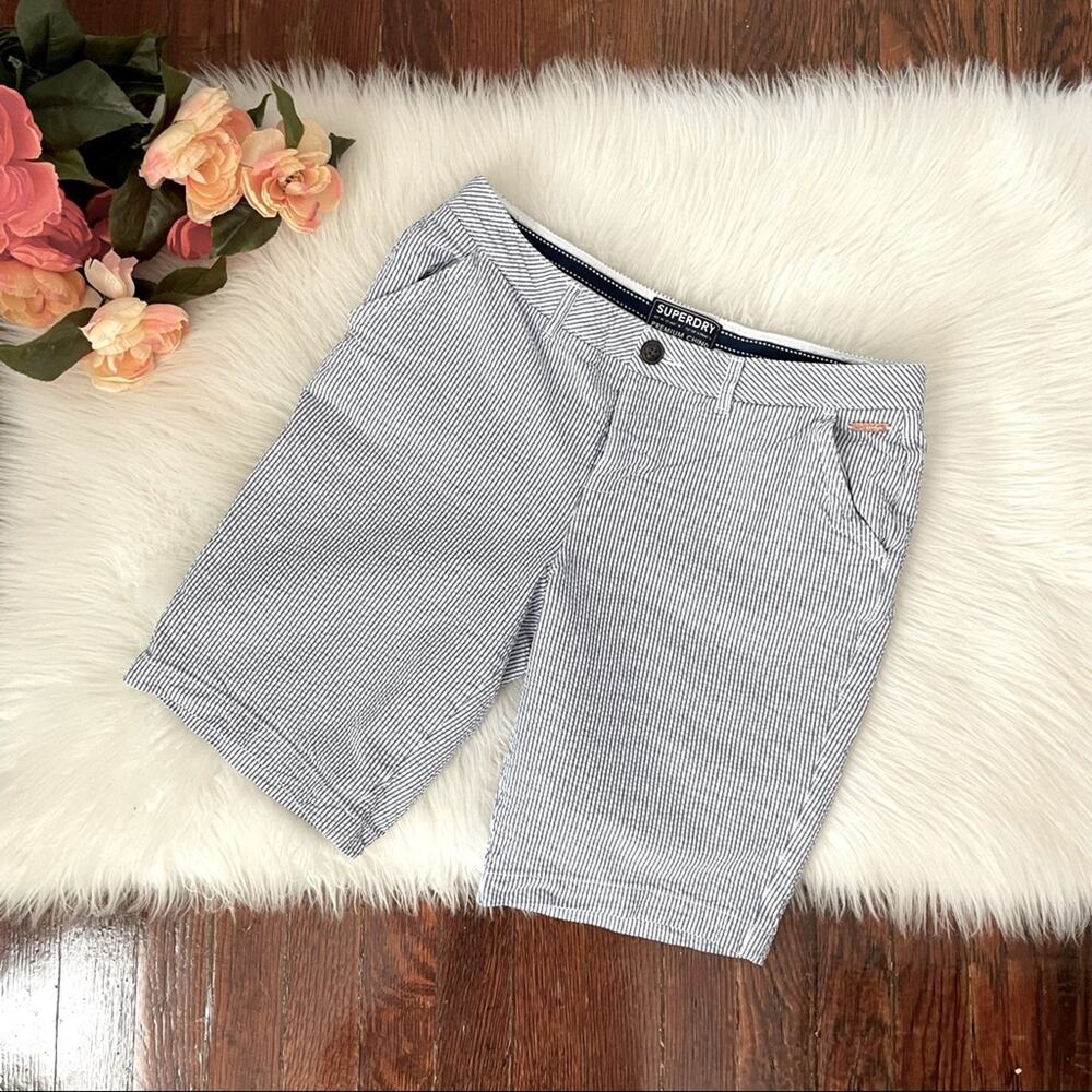 Blue Seersucker Bermuda Shorts by Superdry Size 8 100% cotton